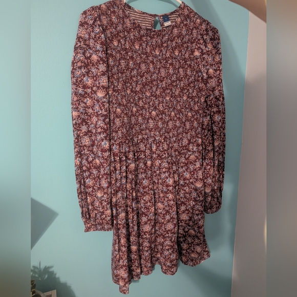 Old Navy Women Burgundy & Cornflower Blue Floral Smocked Bodice Longsleeve Dress - Picture 2 of 9
